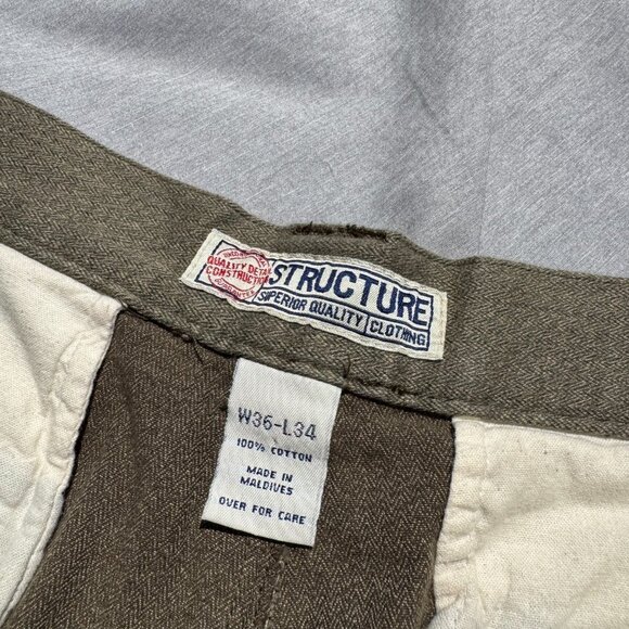 Vintage Y2K Structure Pants Men 36X34 Green Twill Loose Baggy Pleated Cuffed - Picture 2 of 8